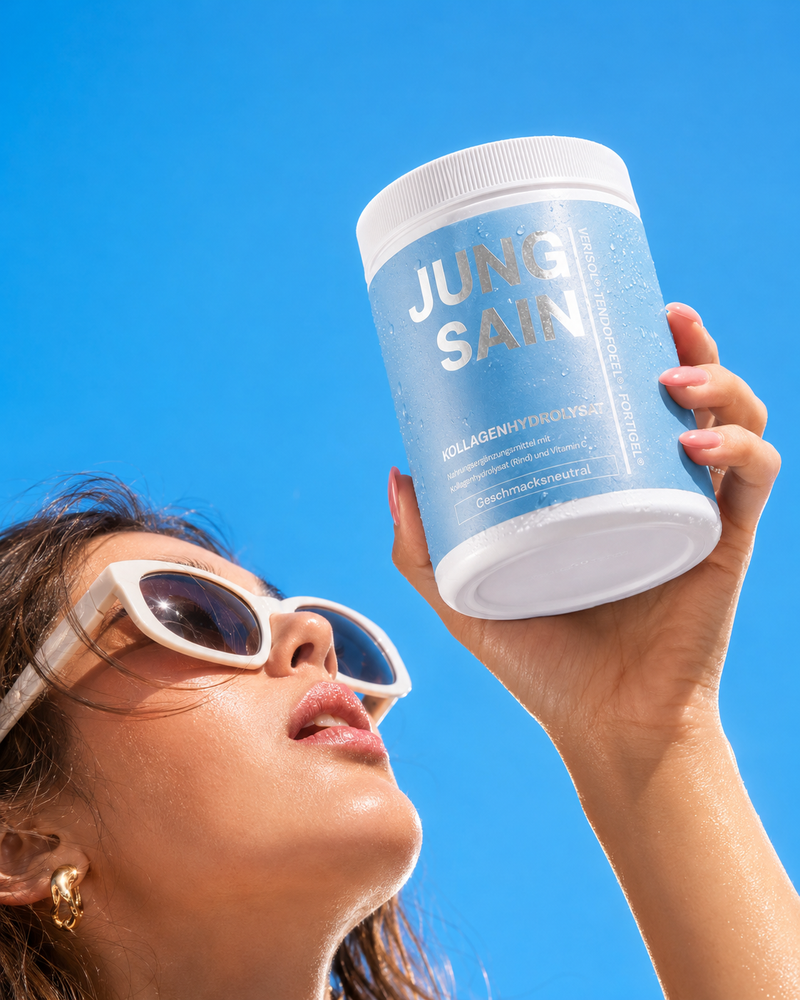 Kollagendose wird von einer Frau hochgehalten mit der schrift  jungsain