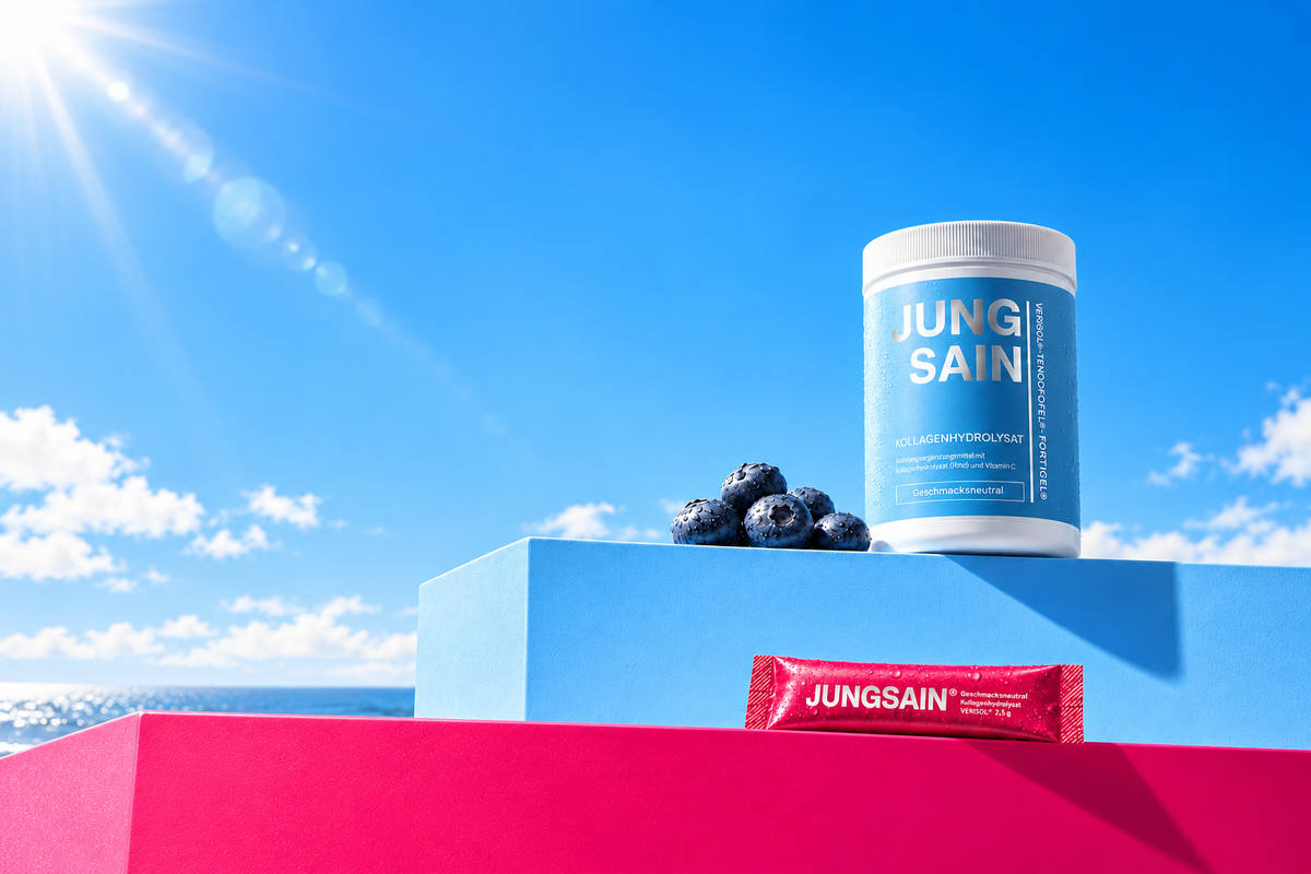 Kollagenpulver und Kollagen Stick to go von JUNGSAIN – hochdosiertes VERISOL® Kollagenpeptid, patentiert und klinisch getestet, ideal für Kollagen Dose kaufen und Kollagen unterwegs